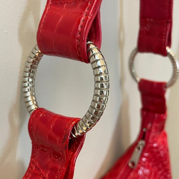 Red Genuine Leather Croc-Embossed Shoulder Bag | Silver Hardware, Hobo Style - Picture 5 of 7